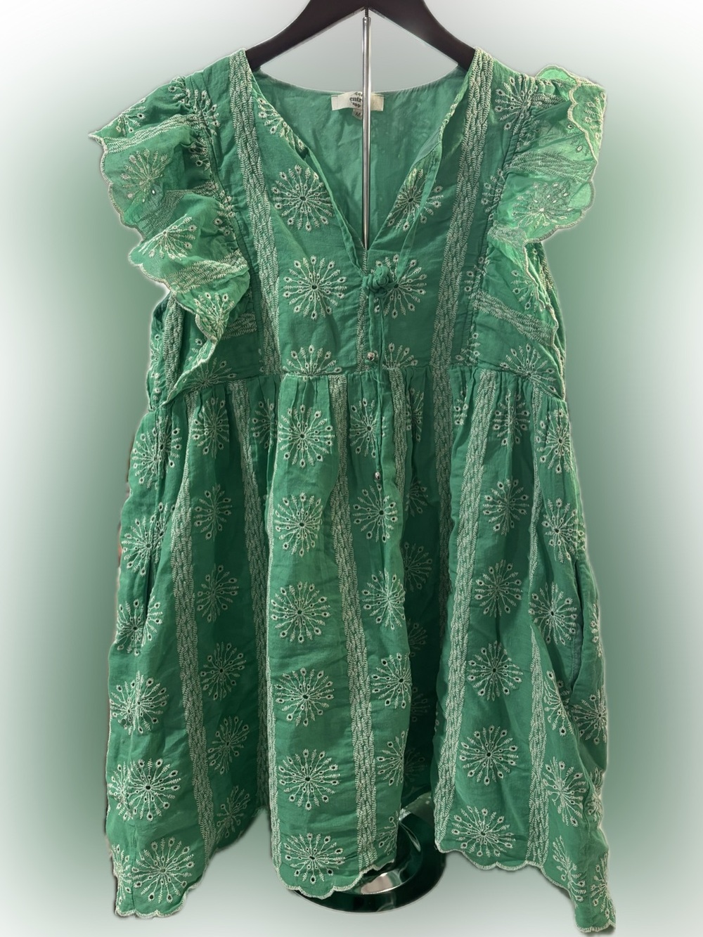 entro Green Embroidered Midi Dress with Ruffle Sleeves